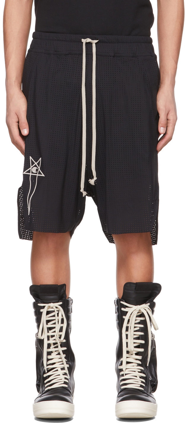 Rick Owens Black Champion Edition Perforated Beveled Pods Shorts