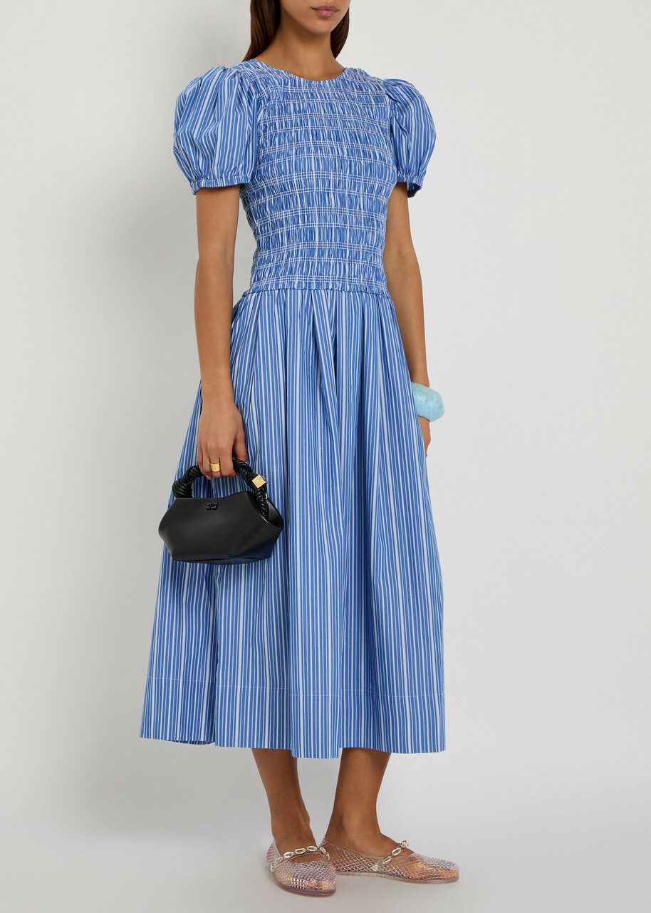 Ganni Striped Shirred Cotton Midi Dress Navy