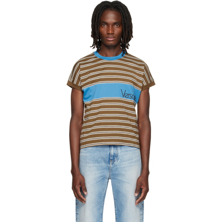 Photo: Versace Brown Embroidered-Logo Striped-Intarsia Cotton T-shirt