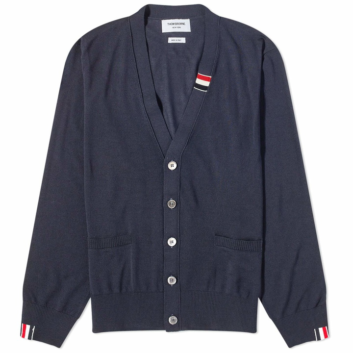 Photo: Thom Browne Men's Intarsia Stripe Cardigan in Navy