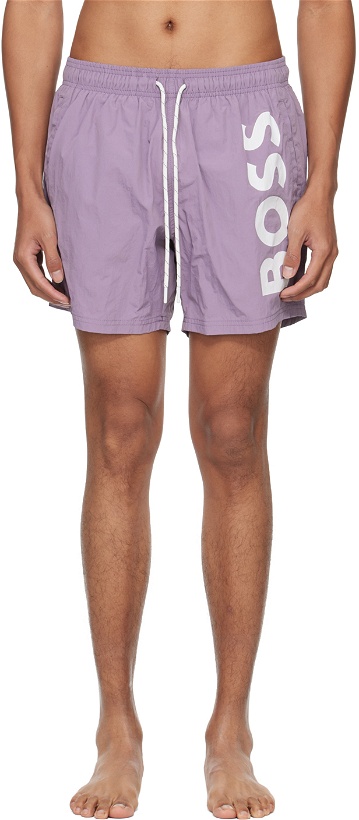 Photo: BOSS Purple Large Print Swim Shorts