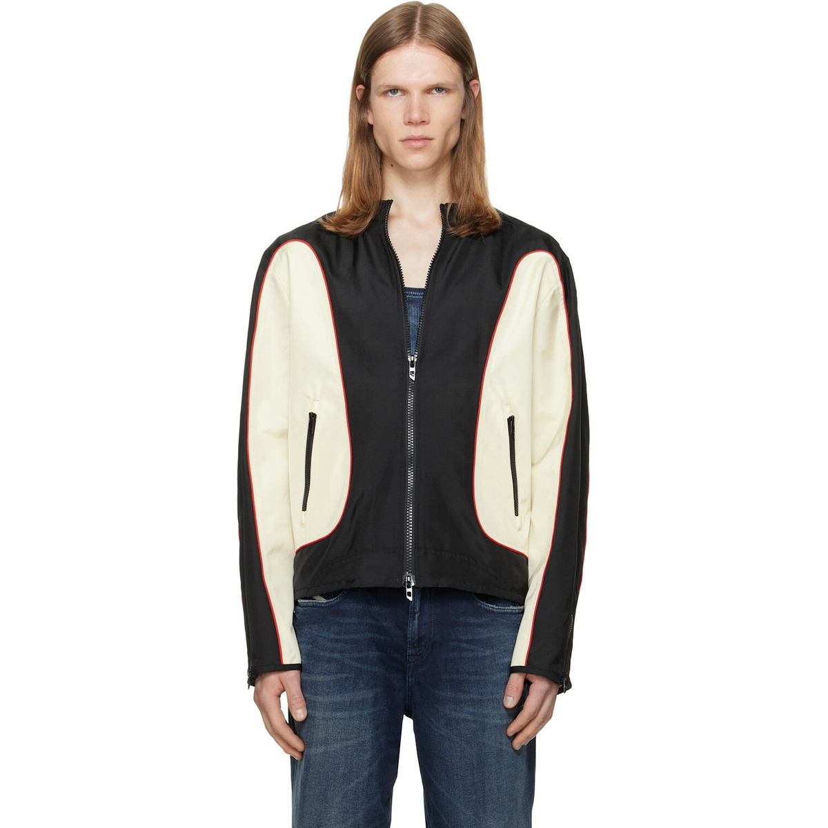 Diesel Black & Off-White Nylon Color Block & Piping Details Jacket