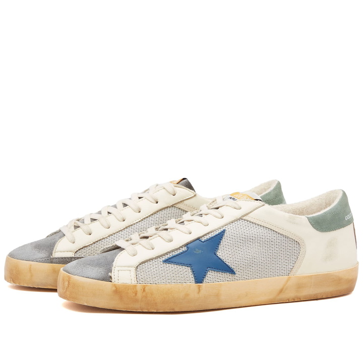 Photo: Golden Goose Men's Super-Star Signature Leather Sneakers in Silver/Beige/Grey