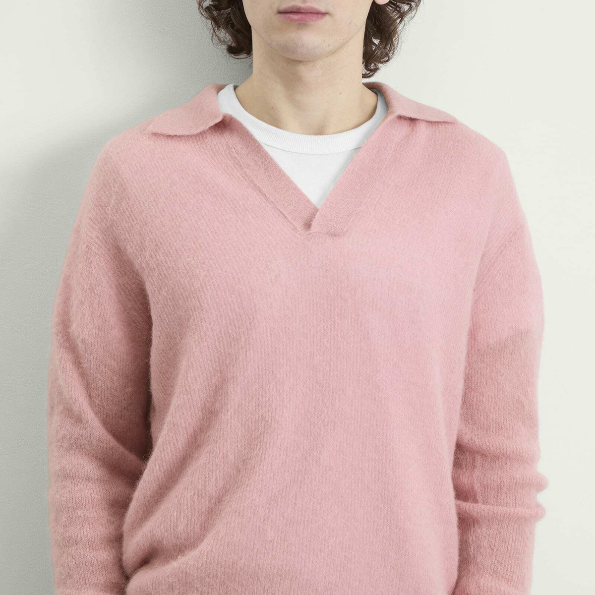 Auralee Men's Baby Suri Alpaca Sheer Knit Skipper Polo in Pink