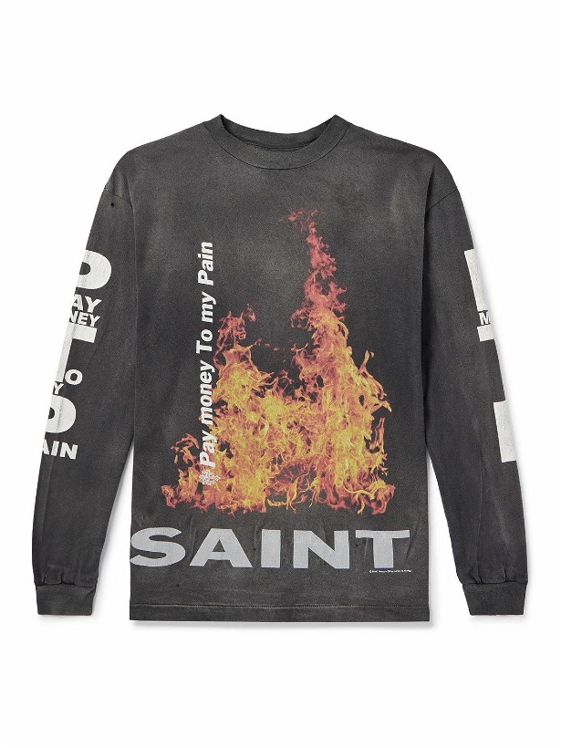 Photo: SAINT Mxxxxxx - Pay money To my Pain Printed Distressed Cotton-Jersey T-Shirt - Gray