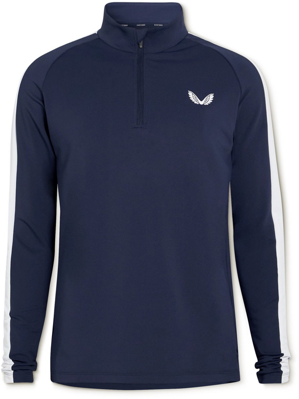 Photo: CASTORE - Logo-Print Striped Stretch-Jersey Half-Zip Golf Top - Blue