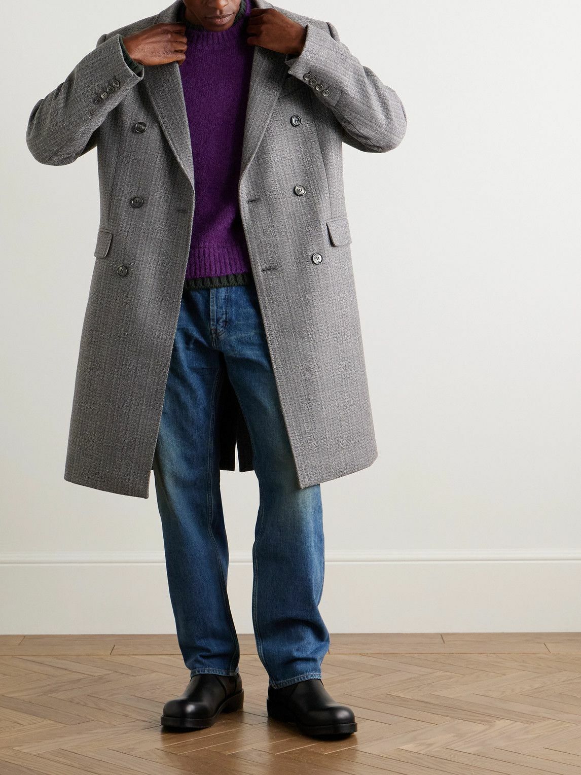 AMI PARIS - Double-Breasted Herringbone Virgin Wool-Blend Coat - Neutrals