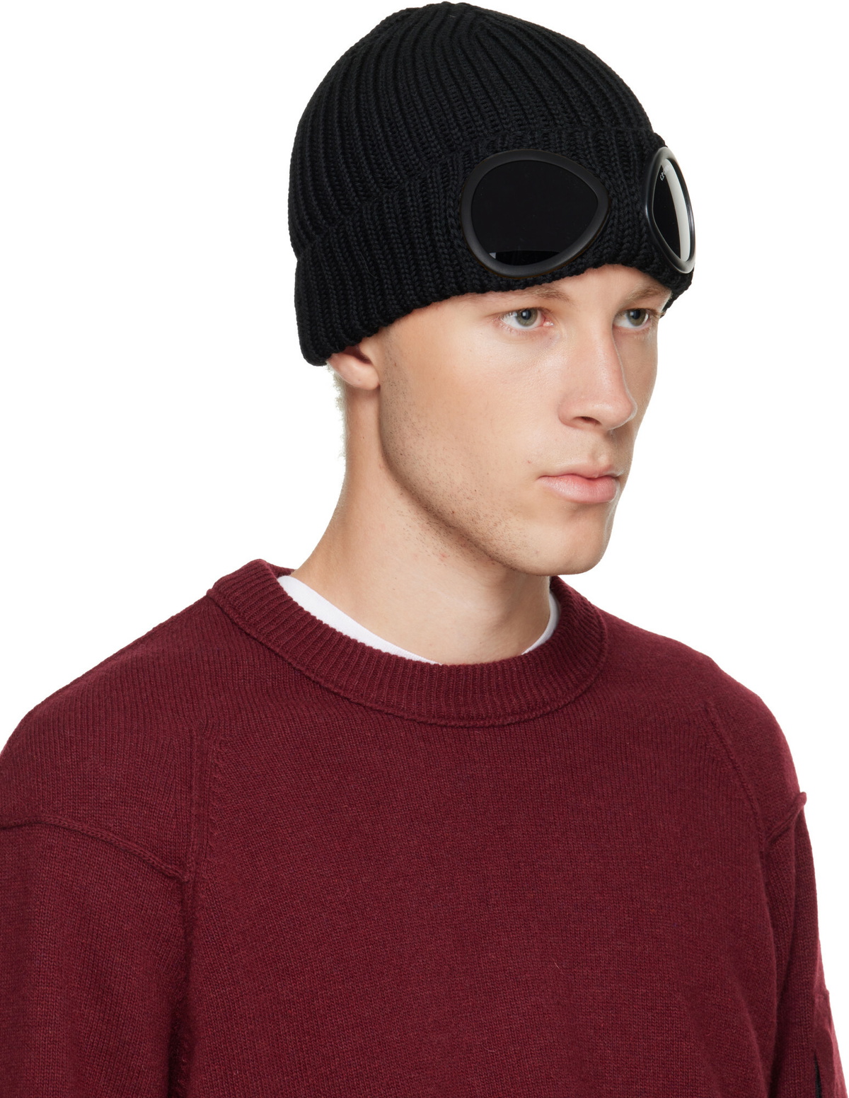 C.P. Company Black Extrafine Merino Wool Goggle Beanie