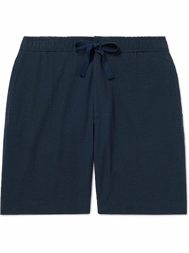 Photo: Officine Générale - Phill Straight-Leg Cotton-Seersucker Drawstring Shorts - Blue