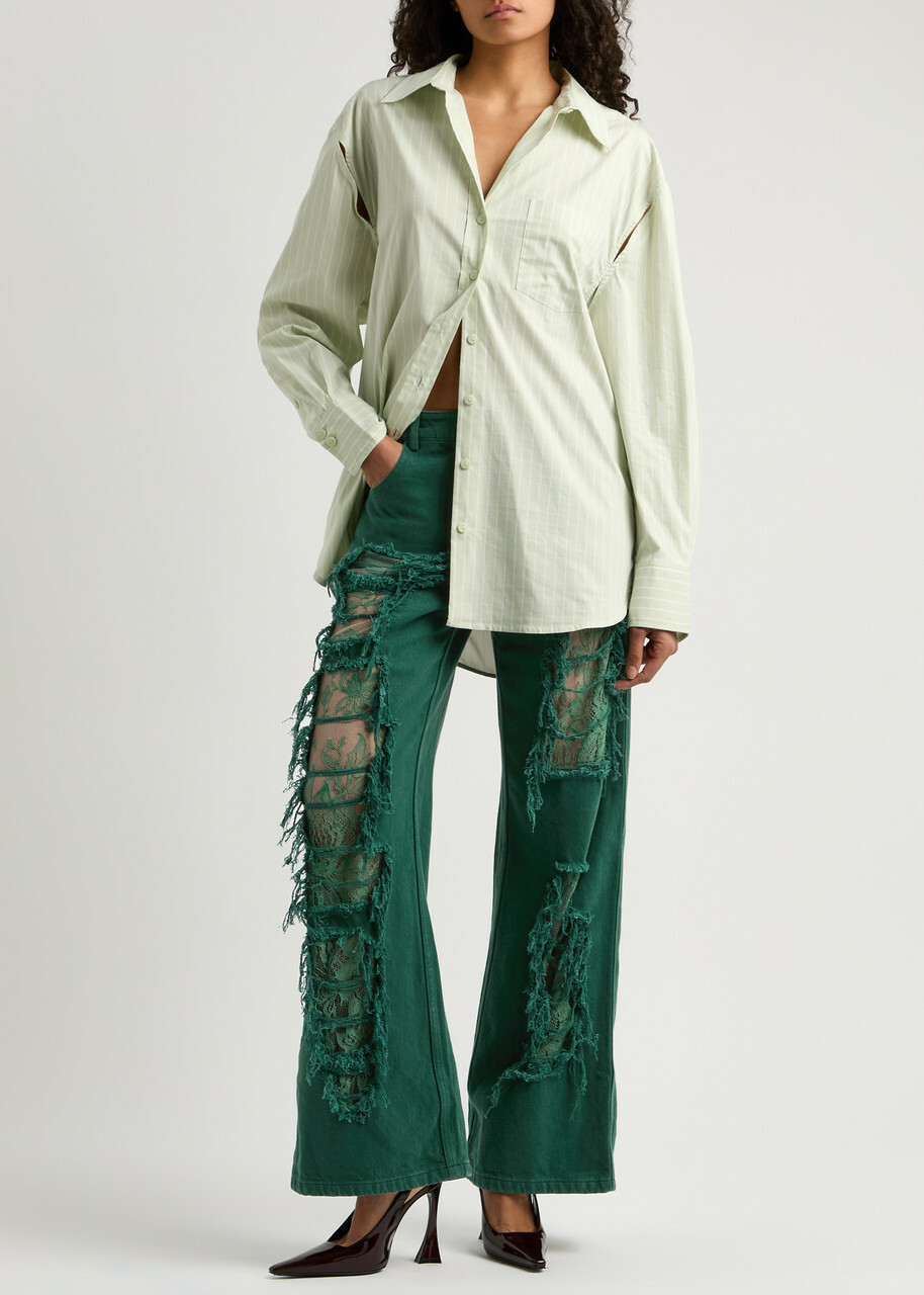 Christopher Esber Arboreal Lace-panelled Wide-leg Jeans Green