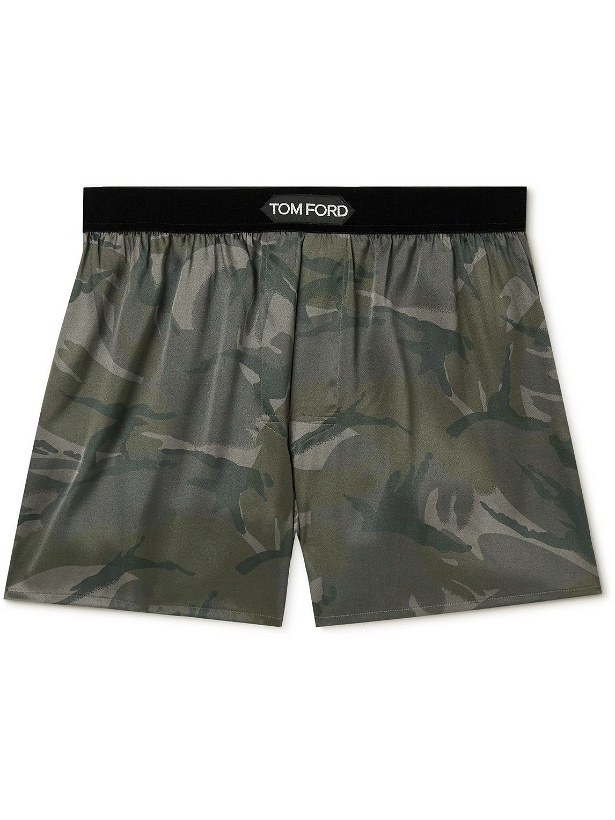 Photo: TOM FORD - Velvet-Trimmed Camouflage-Print Stretch-Silk Satin Boxer Shorts - Green
