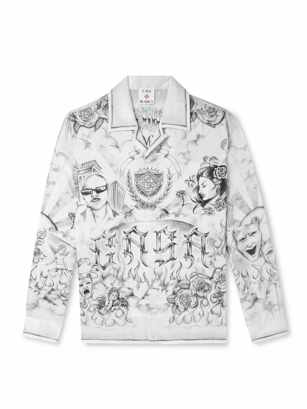 Photo: Casablanca - Tattoo Convertible-Collar Printed Silk-Satin Shirt - White