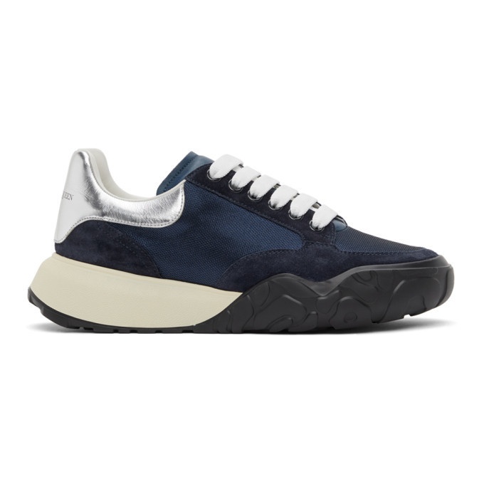 Photo: Alexander McQueen Navy and Silver Court Trainer Sneakers