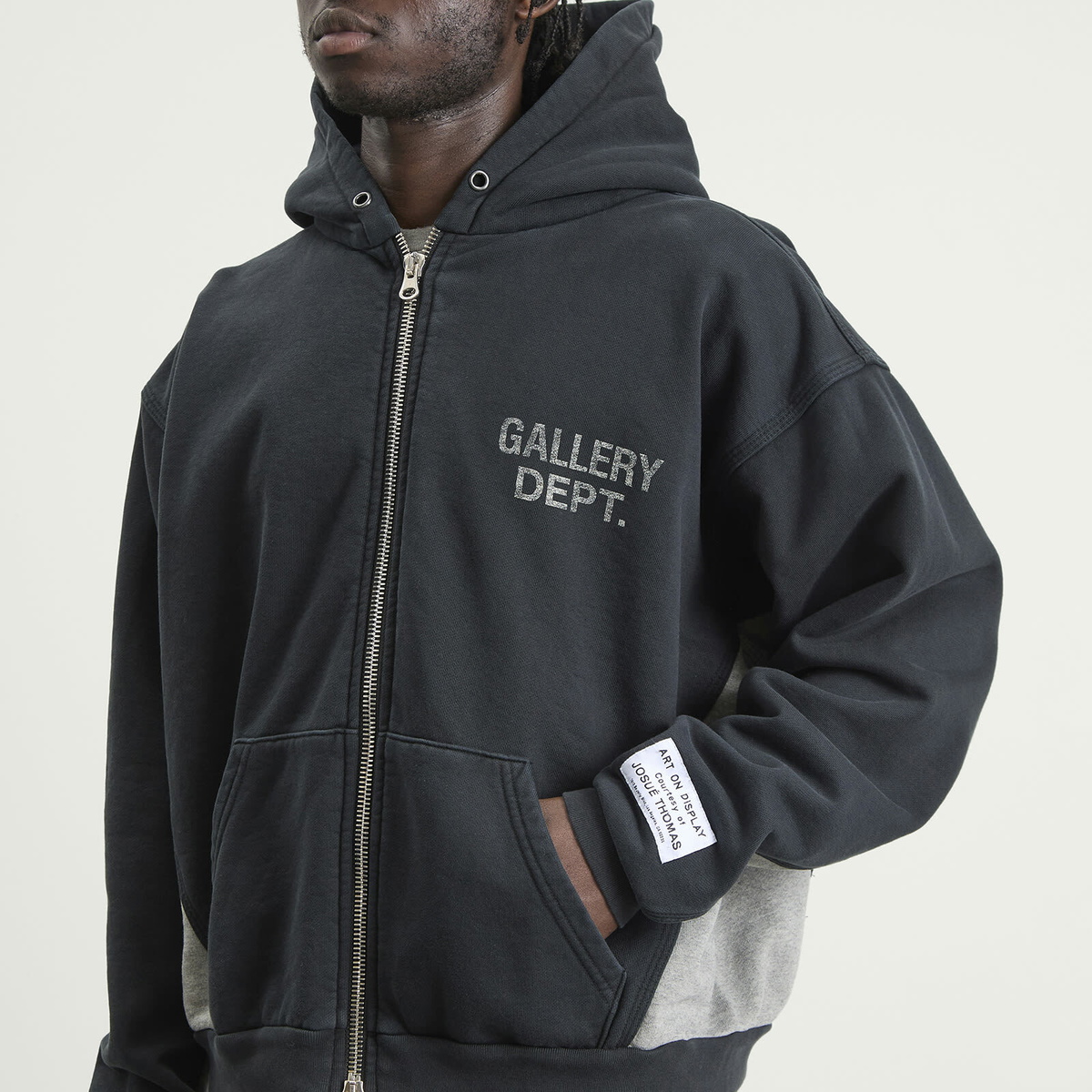 Gallery Dept Men's . Contrast Panel Zip Hoodie in Washed Black/Heather Grey