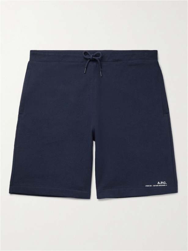 Photo: A.P.C. - Logo-Print Fleece-Back Cotton-Jersey Drawstring Shorts - Blue