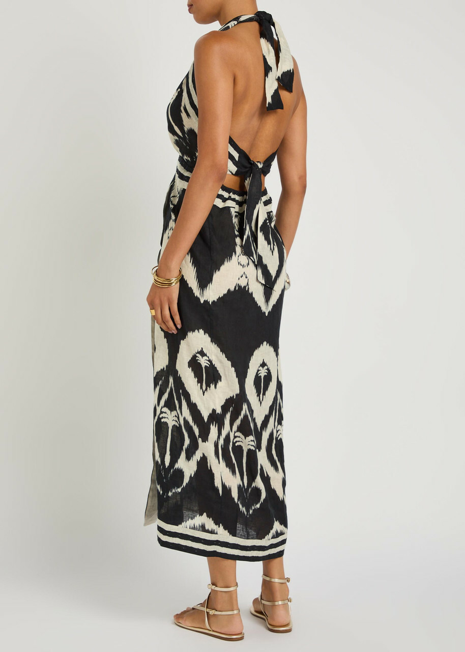 Johanna Ortiz Buen Viento Halterneck Linen Midi Dress Black