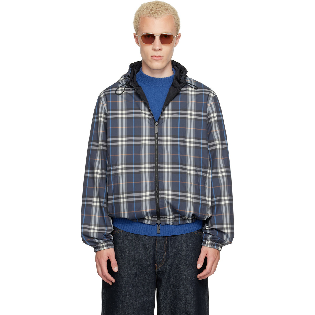 Burberry Navy Check Newport Hooded Reversible Jacket