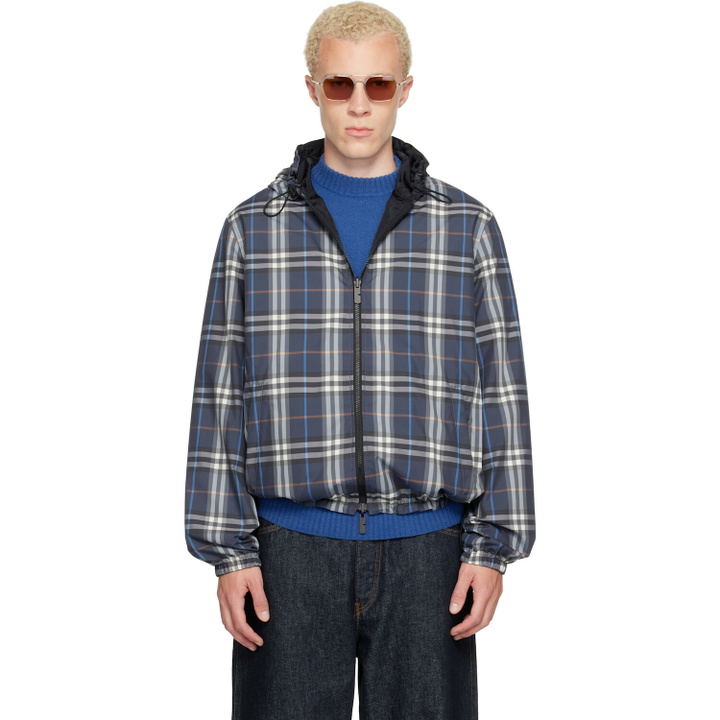 Photo: Burberry Navy Check Newport Hooded Reversible Jacket