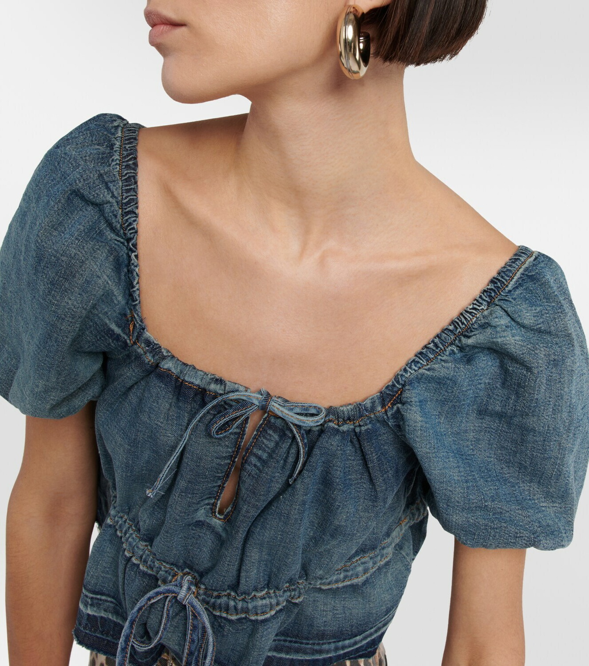 Ganni Puff-sleeve denim crop top GANNI