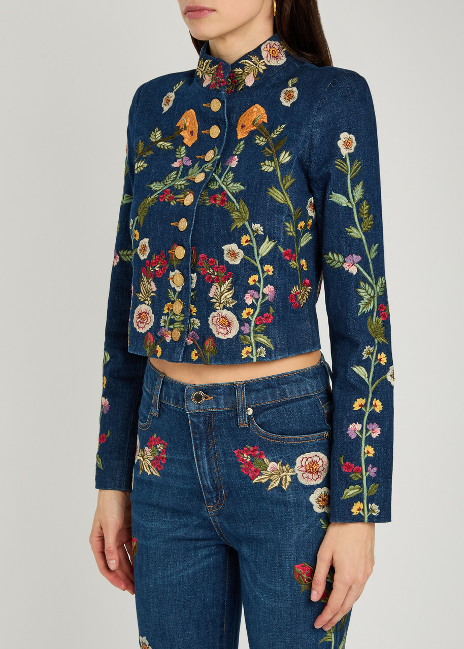 Alice + Olivia Emerson Floral-embroidered Stretch-denim Jacket Blue