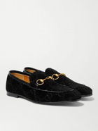 GUCCI - Jordaan Horsebit Leather-Trimmed Logo-Embroidered Velvet Loafers - Black