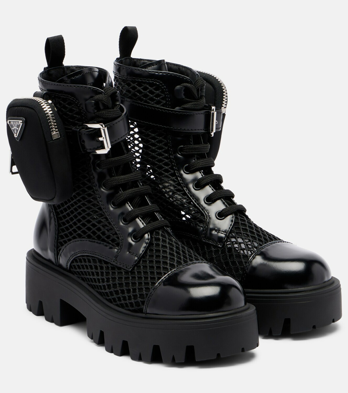 Prada Leather-trimmed mesh combat boots