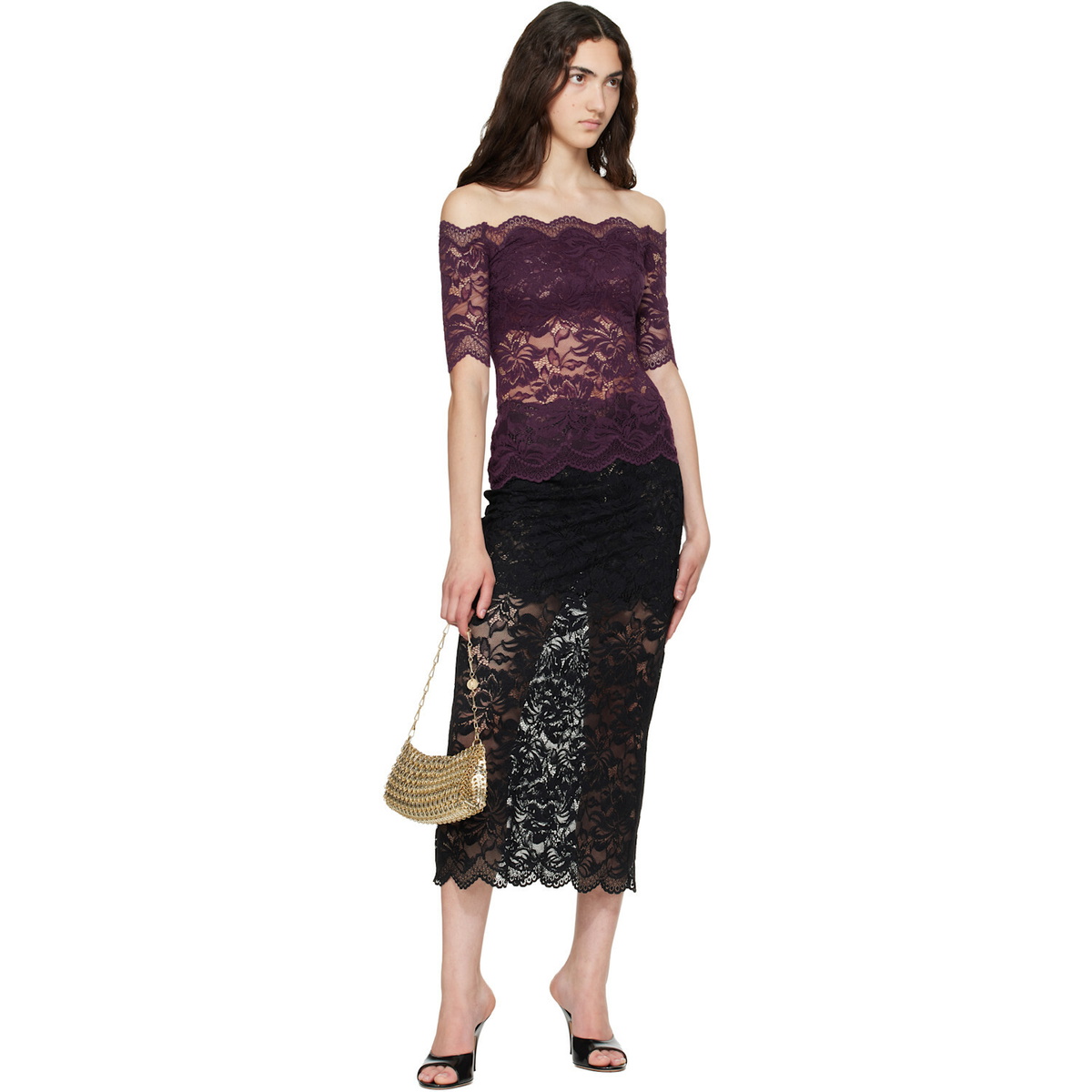 Rabanne Purple Short-Sleeve Layered Lace Top
