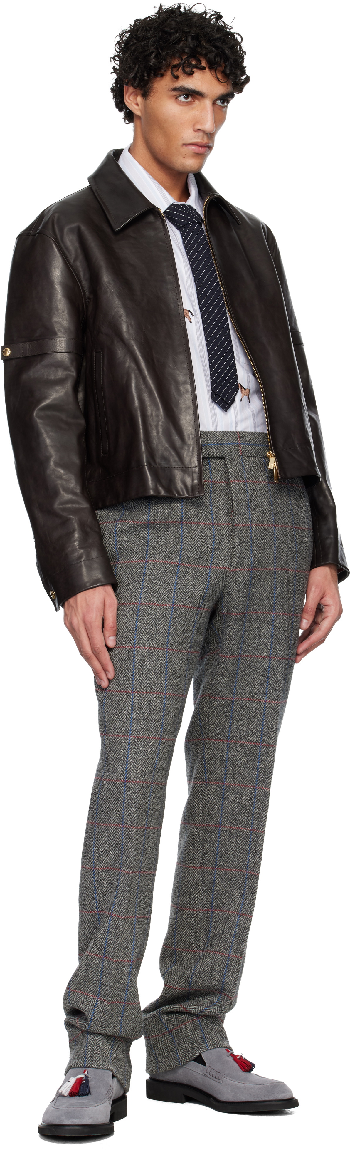 Thom Browne Brown Zip Front Armband Leather Jacket