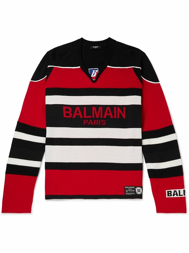 Photo: Balmain - Striped Logo-Intarsia Wool Sweater - Red
