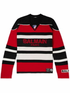 Balmain - Striped Logo-Intarsia Wool Sweater - Red