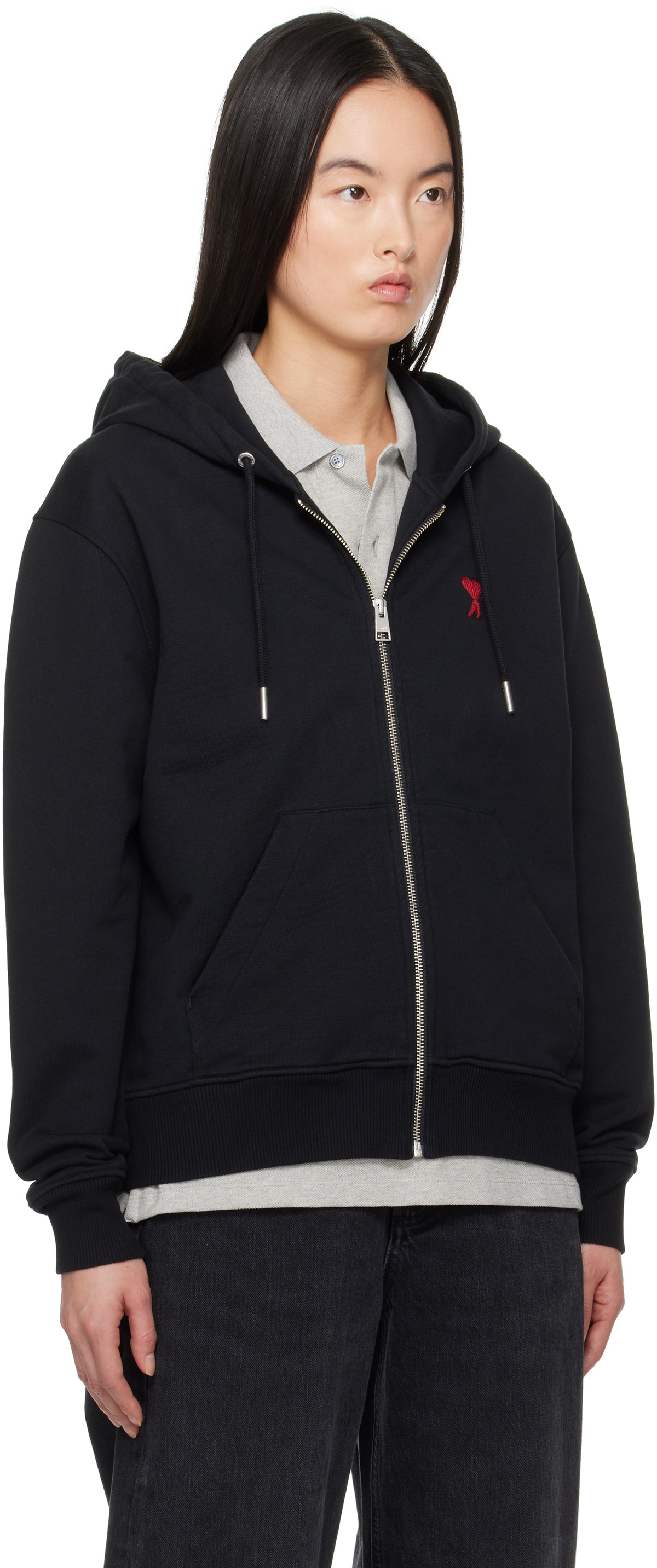 ami⋆* AMI Paris Black Cotton Ami de Coeur Zipped Hoodie AMI