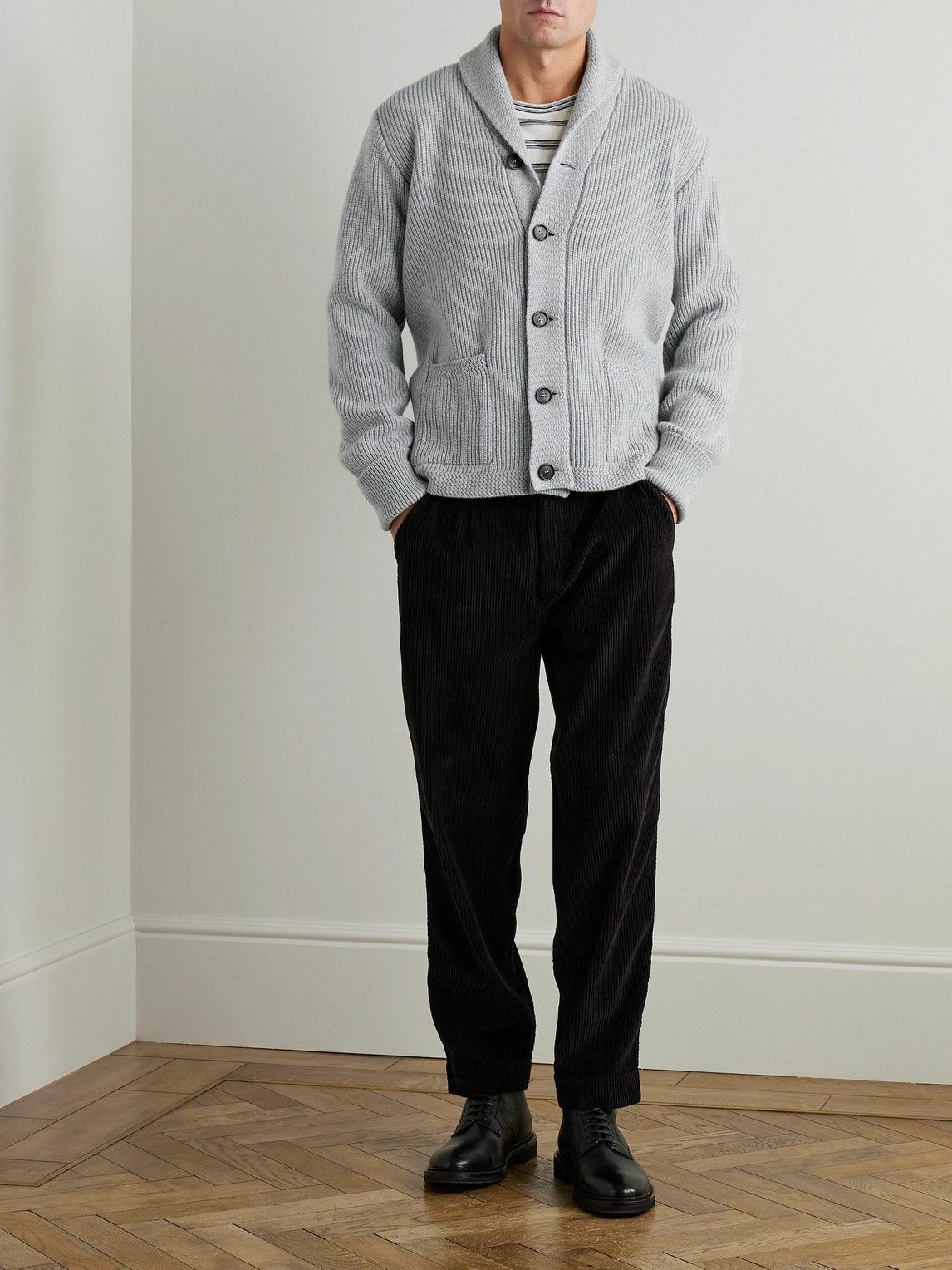 William Lockie - Duncan Shawl-Collar Ribbed Merino Wool and Cashmere-Blend Cardigan - Gray