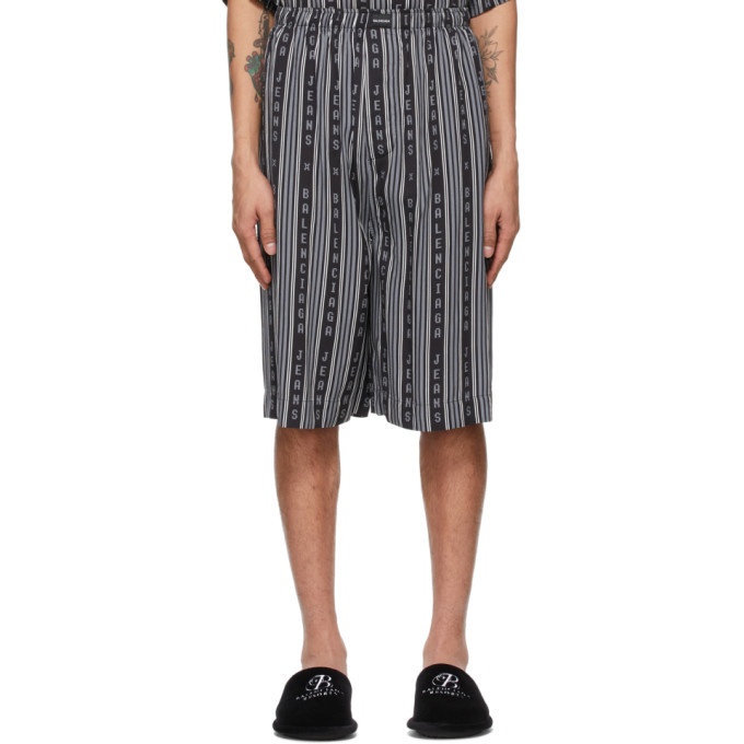 Photo: Balenciaga Black and Grey Logo Stripe Pyjama Shorts