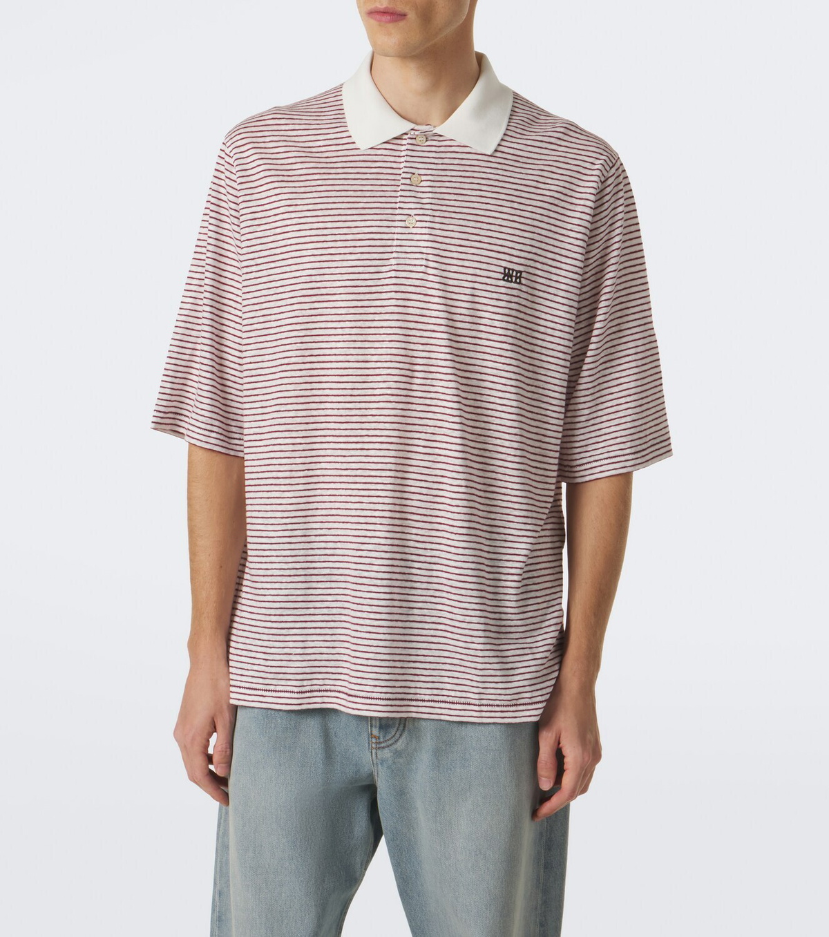Wales Bonner Bask striped linen and cotton polo shirt