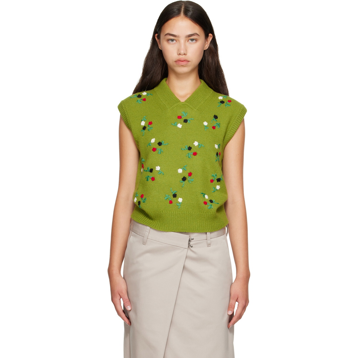 Marni Green Wool-Cashmere Flower Embroidery Vest