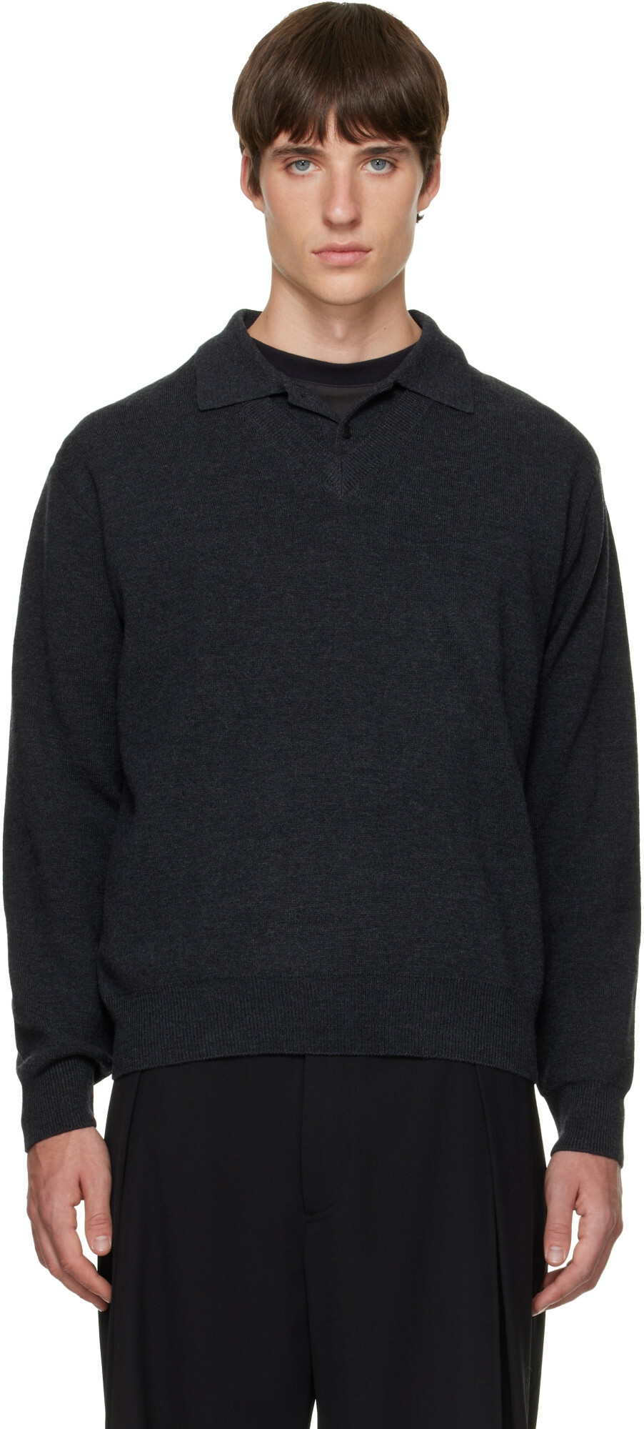 Solid Homme Gray Spread Collar Wool Polo