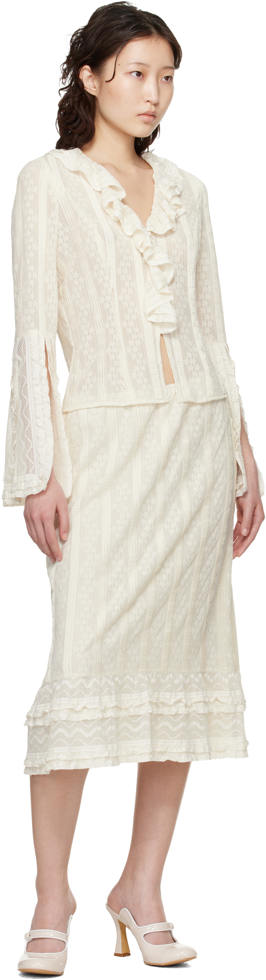 Anna Sui Off-White Floral Ruffle Stretch Lace Midi Skirt