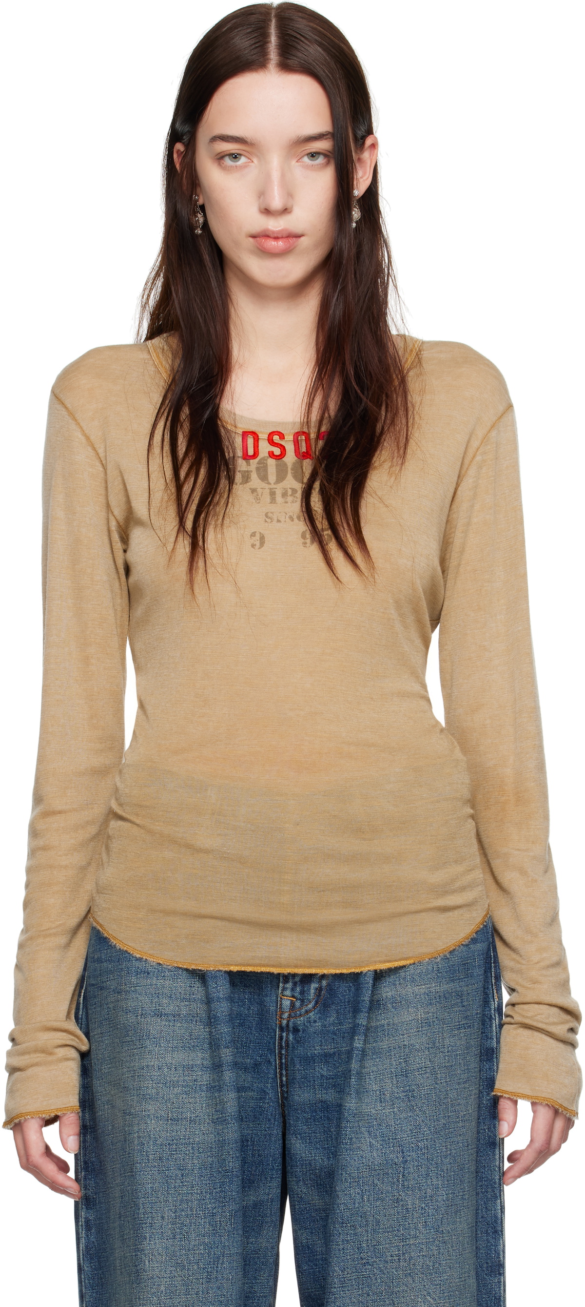 Dsquared2 Beige Marble Dyed Choke Fit Long Sleeve T-Shirt