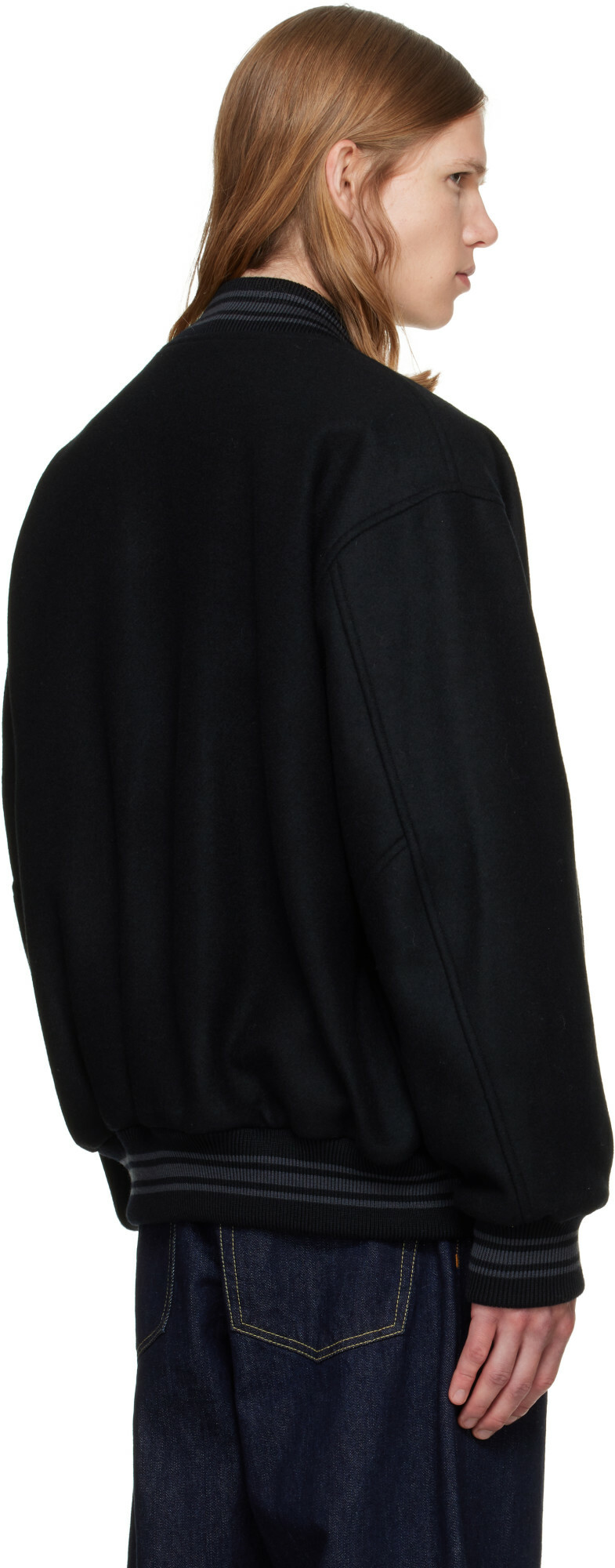 vowels Black Wool Varsity Bomber Jacket