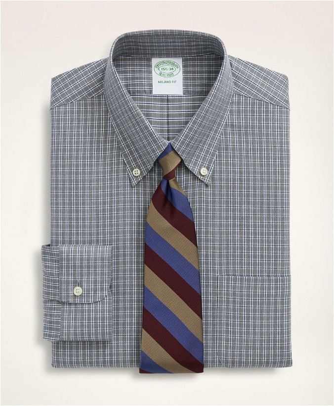 Photo: Brooks Brothers Men's Stretch Milano Slim-Fit Dress Shirt, Non-Iron Twill Mini-Check Button Down Collar | Grey