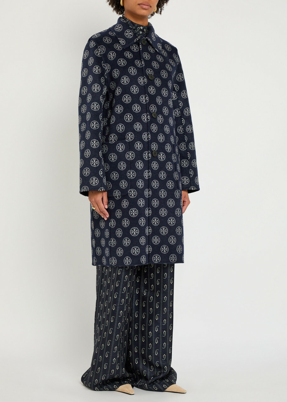 Tory Burch Logo-intarsia Wool-blend Coat Navy