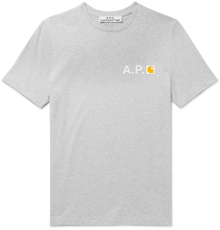 Photo: A.P.C. - Carhartt WIP Logo-Appliquéd Mélange Cotton-Jersey T-Shirt - Gray