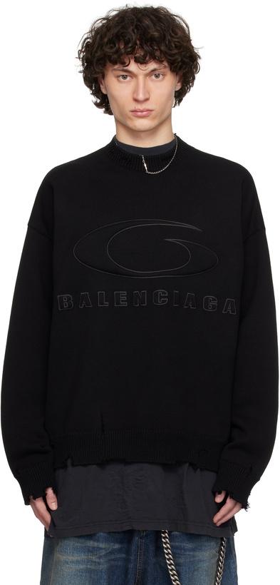 Photo: Balenciaga Black Cotton Logo Padded Knit Crewneck Sweater