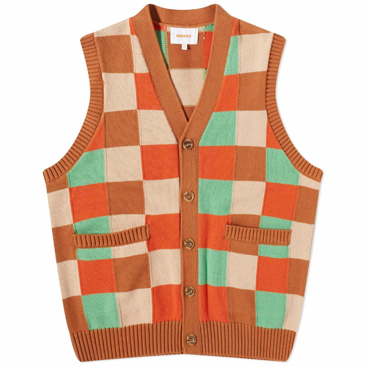 Photo: Checks Downtown Men's Checkerboard Knitted Vest in Rust