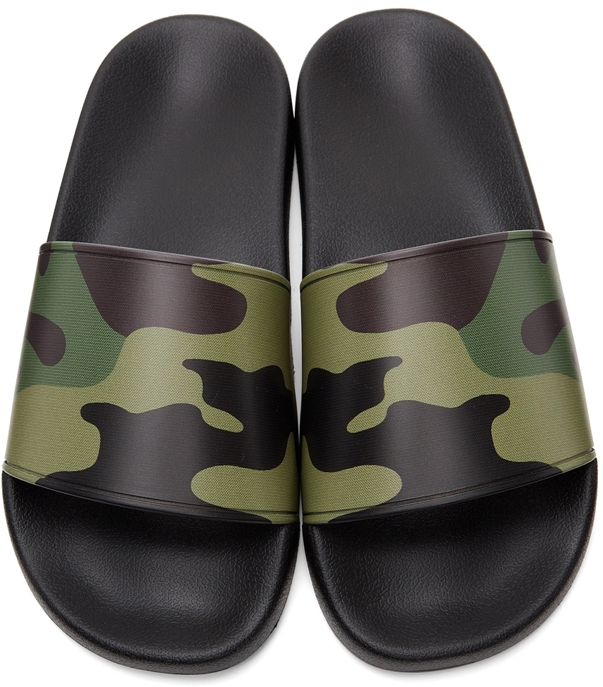 Burberry Beige & Black Camouflage Print Slides Burberry