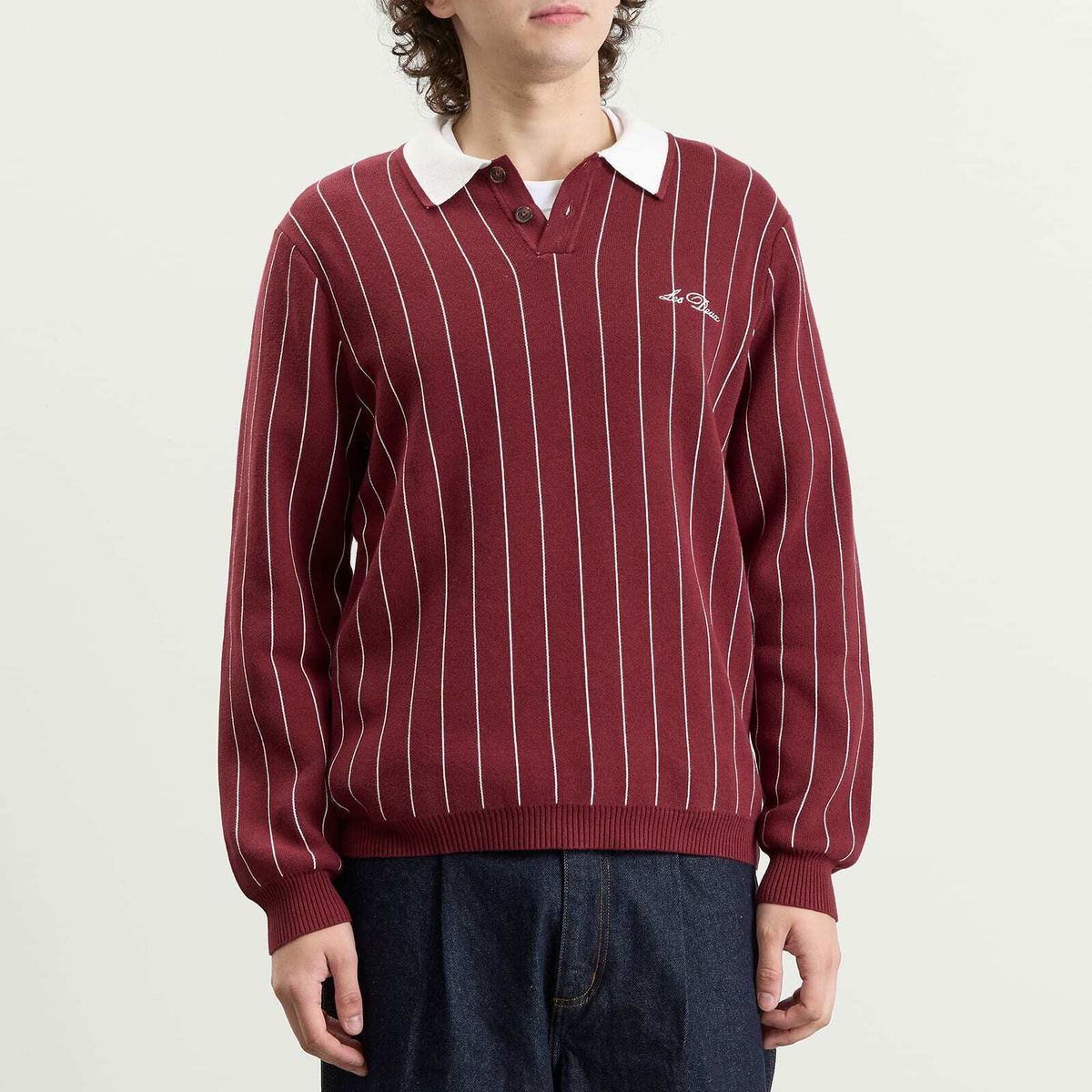 Les Deux Men's Signature Knitted Long Sleeve Polo in Chocolate Truffle Red