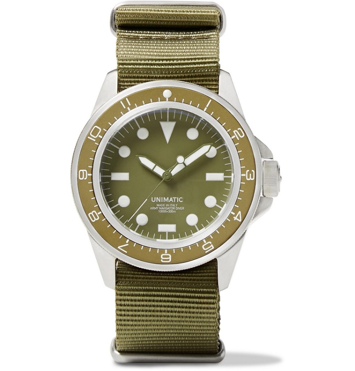 Photo: Unimatic - Modello Uno U1-DZ Automatic Brushed Stainless Steel and Webbing Watch - Green