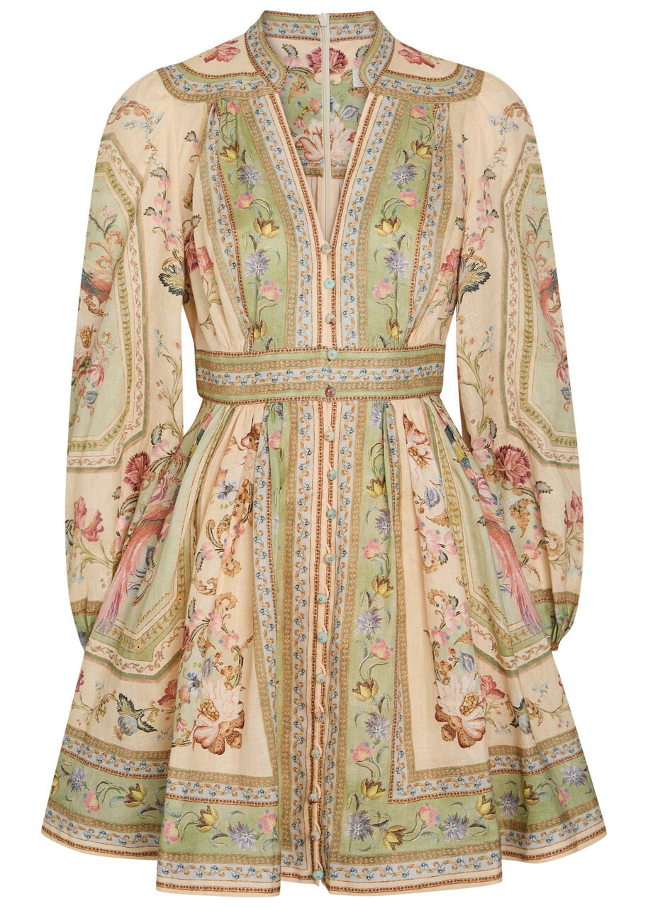 Zimmermann Roselight Printed Linen Mini Dress Sage