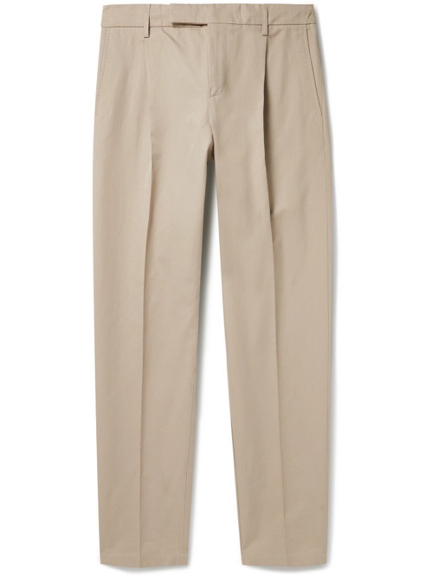Photo: DUNHILL - Tapered Pleated Cotton and Mulberry Silk-Blend Trousers - Neutrals