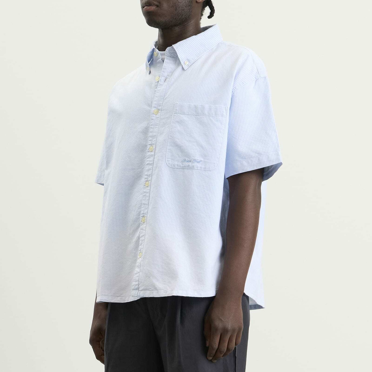 Bram's Fruit Men's Distressed Oxford Shortsleeve Shirt in Light Blue
